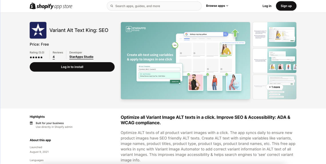 Screenshot of the Alt Text King: SEO app on&nbsp;Shopify's app store. 